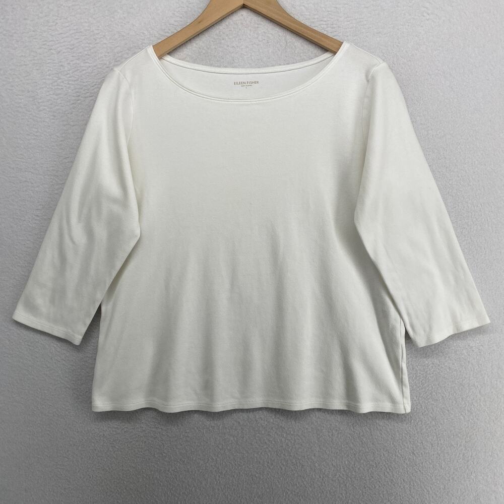 EILEEN FISHER Top L Interlock Cotton Jersey Scoop Neck 3/4 Sleeve Off White